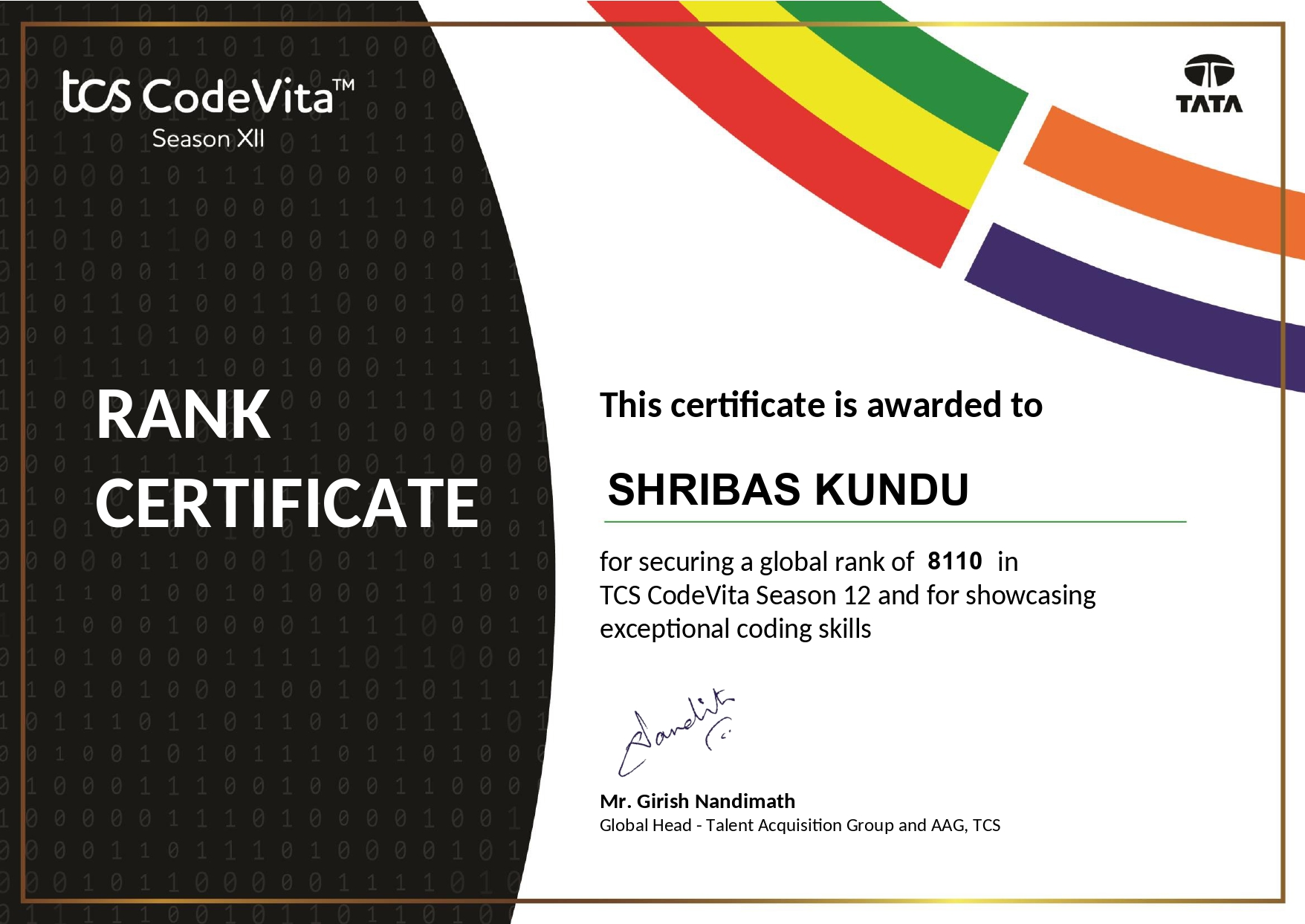 Rank certificate TCS CodeVita Season 12
